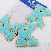Blue Chenille Letter Patches - Set of 3 Iron-On Letters - Small 5.5 cm Chenille with Gold Glitter - Threadart.com