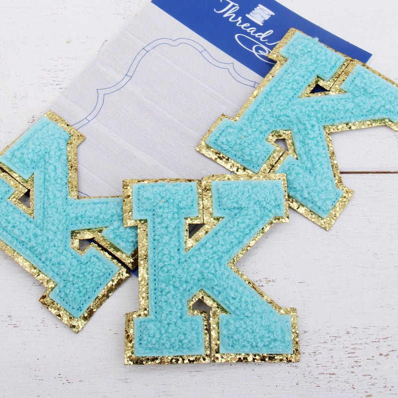 Blue Chenille Letter Patches - Set of 3 Iron-On Letters - Small 5.5 cm Chenille with Gold Glitter - Threadart.com