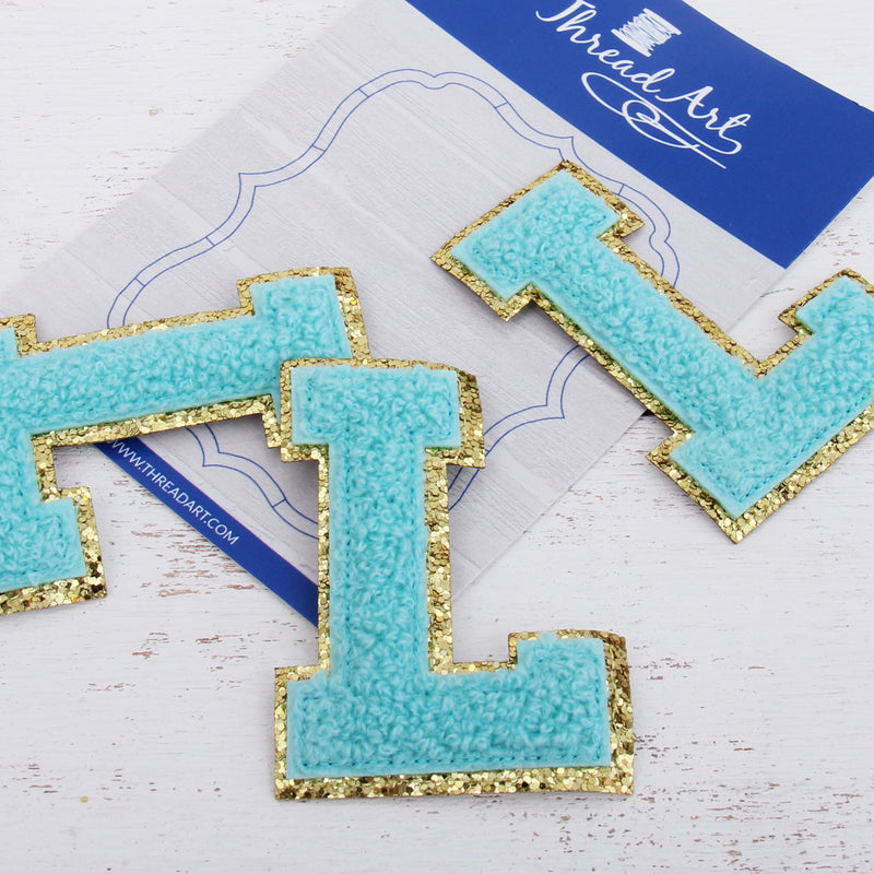 Blue Chenille Letter Patches - Set of 3 Letters - Large 8 cm Chenille with Gold Glitter - Threadart.com