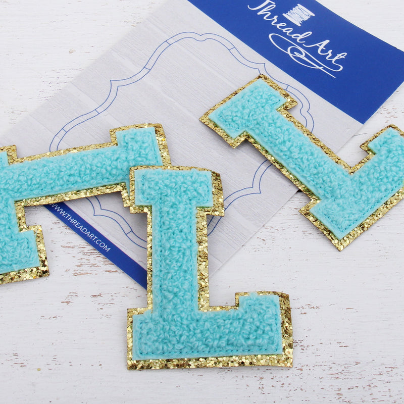 Blue Chenille Letter Patches - Set of 3 Iron-On Letters - Small 5.5 cm Chenille with Gold Glitter - Threadart.com