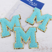 Blue Chenille Letter Patches - Set of 3 Letters - Large 8 cm Chenille with Gold Glitter - Threadart.com