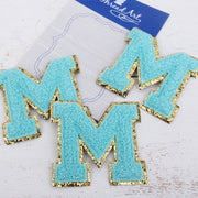 Blue Chenille Letter Patches - Set of 3 Iron-On Letters - Small 5.5 cm Chenille with Gold Glitter - Threadart.com
