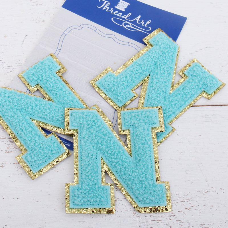 Blue Chenille Letter Patches - Set of 3 Iron-On Letters - Small 5.5 cm Chenille with Gold Glitter - Threadart.com