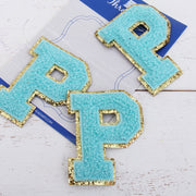 Blue Chenille Letter Patches - Set of 3 Iron-On Letters - Small 5.5 cm Chenille with Gold Glitter - Threadart.com