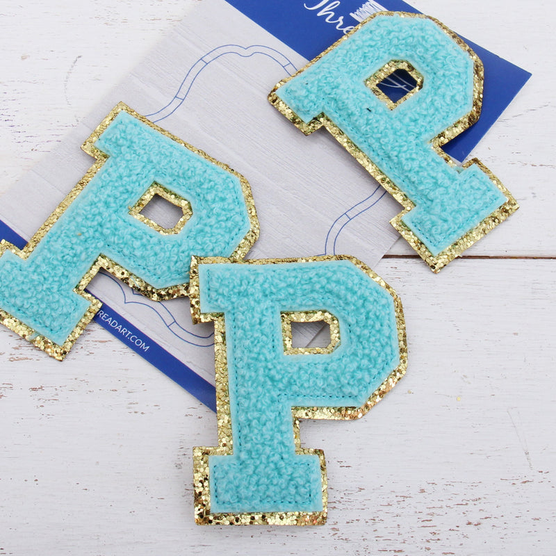 Blue Chenille Letter Patches - Set of 3 Iron-On Letters - Small 5.5 cm Chenille with Gold Glitter - Threadart.com