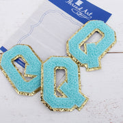 Blue Chenille Letter Patches - Set of 3 Iron-On Letters - Small 5.5 cm Chenille with Gold Glitter - Threadart.com
