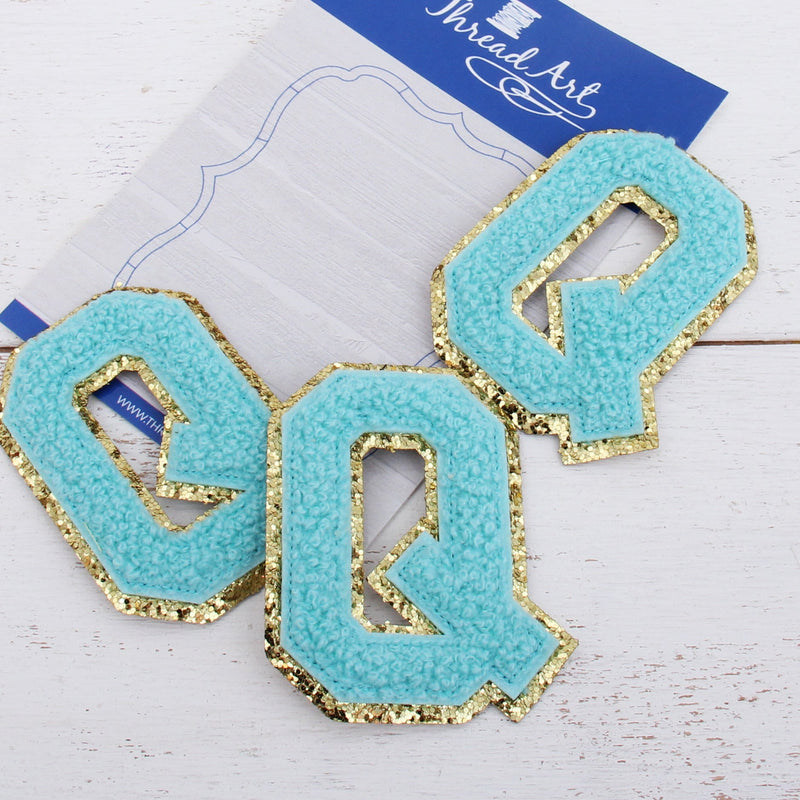 Blue Chenille Letter Patches - Set of 3 Iron-On Letters - Small 5.5 cm Chenille with Gold Glitter - Threadart.com