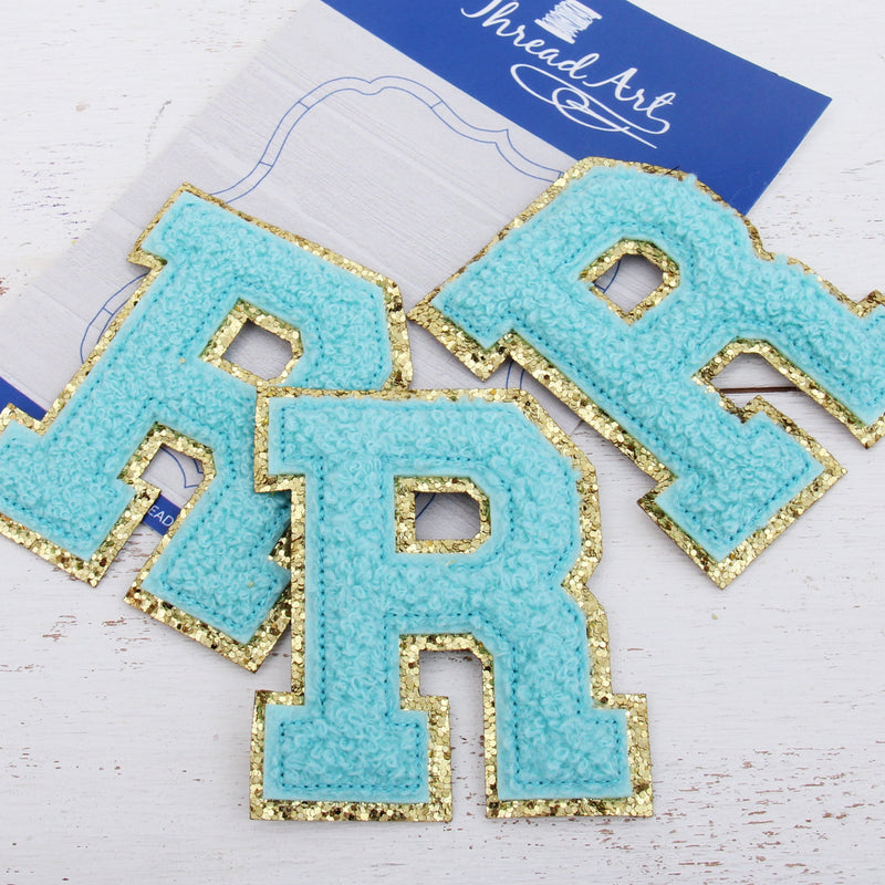 Blue Chenille Letter Patches - Set of 3 Iron-On Letters - Small 5.5 cm Chenille with Gold Glitter - Threadart.com