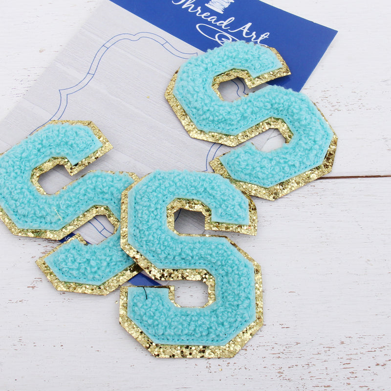 Blue Chenille Letter Patches - Set of 3 Letters - Large 8 cm Chenille with Gold Glitter - Threadart.com