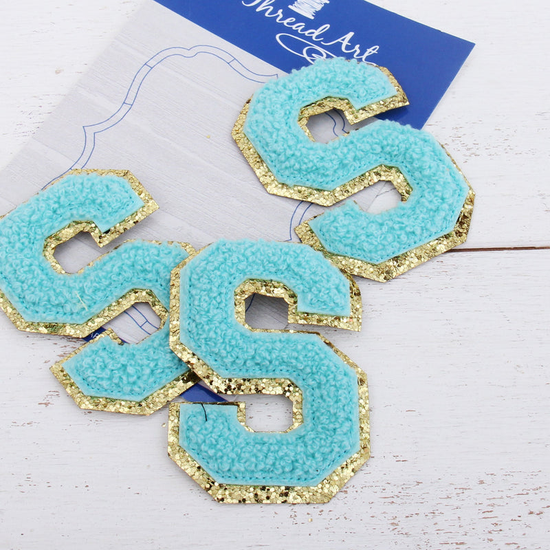 Blue Chenille Letter Patches - Set of 3 Iron-On Letters - Small 5.5 cm Chenille with Gold Glitter - Threadart.com