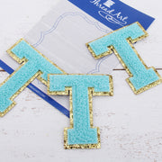 Blue Chenille Letter Patches - Set of 3 Letters - Large 8 cm Chenille with Gold Glitter - Threadart.com