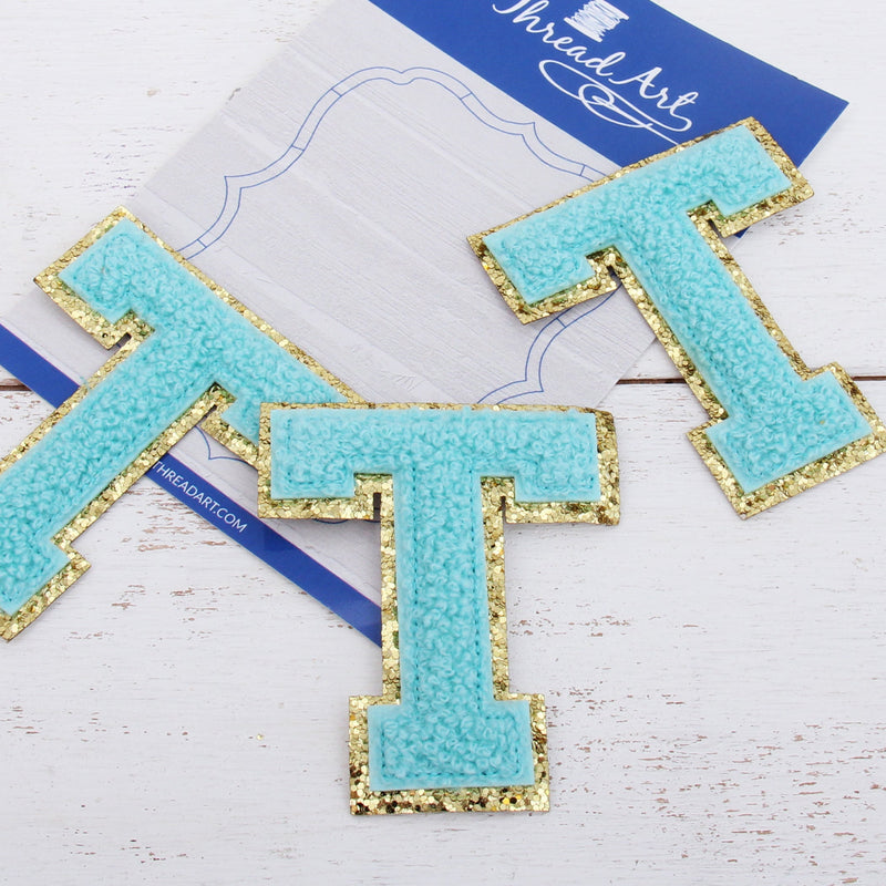 Blue Chenille Letter Patches - Set of 3 Iron-On Letters - Small 5.5 cm Chenille with Gold Glitter - Threadart.com