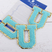 Blue Chenille Letter Patches - Set of 3 Iron-On Letters - Small 5.5 cm Chenille with Gold Glitter - Threadart.com