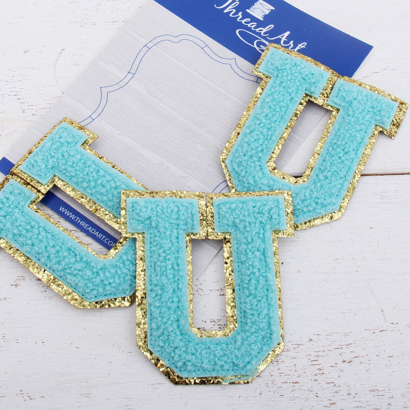 Blue Chenille Letter Patches - Set of 3 Iron-On Letters - Small 5.5 cm Chenille with Gold Glitter - Threadart.com