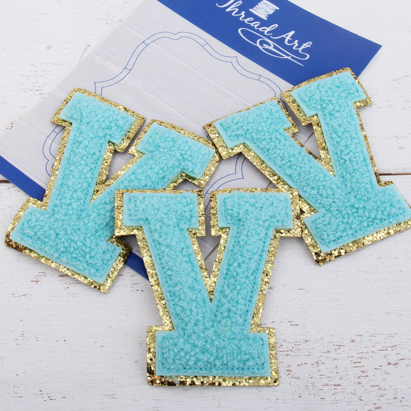 Blue Chenille Letter Patches - Set of 3 Iron-On Letters - Small 5.5 cm Chenille with Gold Glitter - Threadart.com