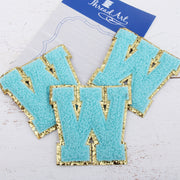 Blue Chenille Letter Patches - Set of 3 Iron-On Letters - Small 5.5 cm Chenille with Gold Glitter - Threadart.com