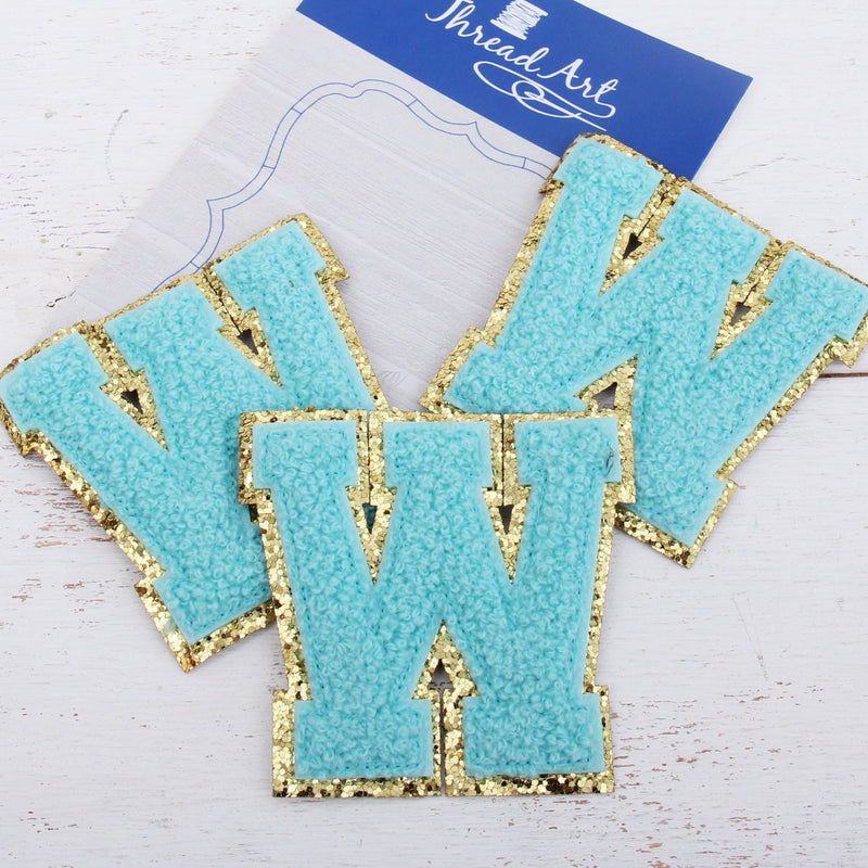 Blue Chenille Letter Patches - Set of 3 Iron-On Letters - Small 5.5 cm Chenille with Gold Glitter - Threadart.com
