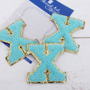 Blue Chenille Letter Patches - Set of 3 Iron-On Letters - Small 5.5 cm Chenille with Gold Glitter - Threadart.com