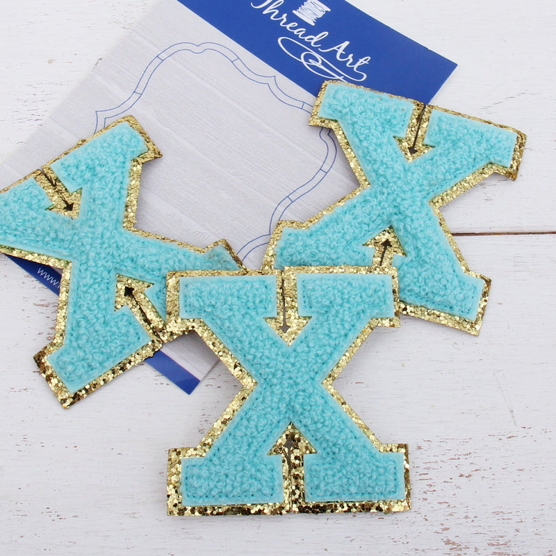 Blue Chenille Letter Patches - Set of 3 Iron-On Letters - Small 5.5 cm Chenille with Gold Glitter - Threadart.com