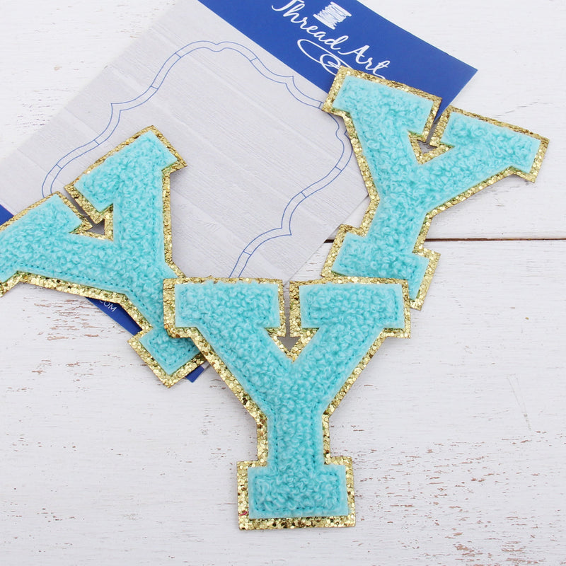 Blue Chenille Letter Patches - Set of 3 Iron-On Letters - Small 5.5 cm Chenille with Gold Glitter - Threadart.com