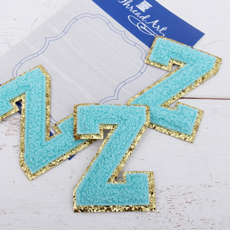 Blue Chenille Letter Patches - Set of 3 Iron-On Letters - Small 5.5 cm Chenille with Gold Glitter - Threadart.com