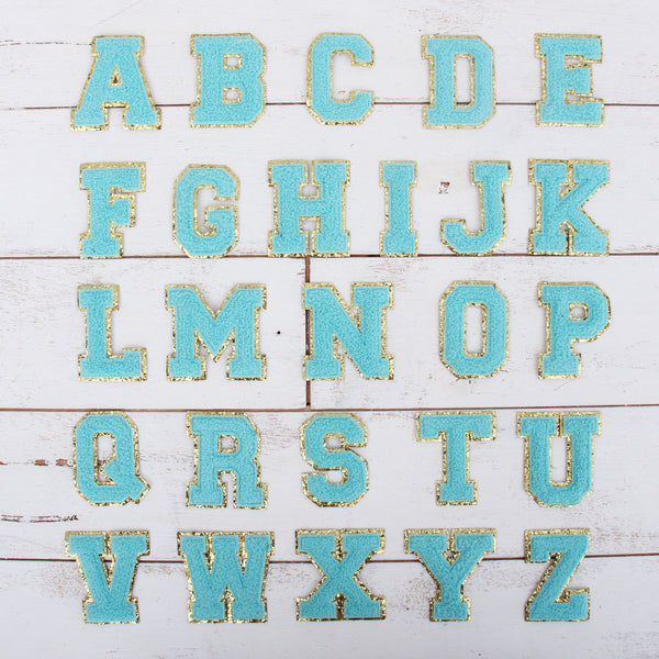 26 Blue Iron On Chenille Letter Patches - Full Alphabet - Large 8 cm Chenille with Gold Glitter - Threadart.com