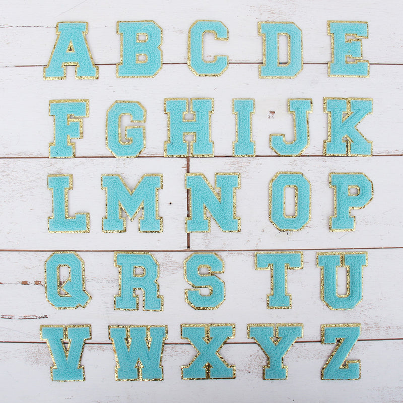 26 Blue Iron On Chenille Letter Patches - Full Alphabet - Large 8 cm Chenille with Gold Glitter - Threadart.com