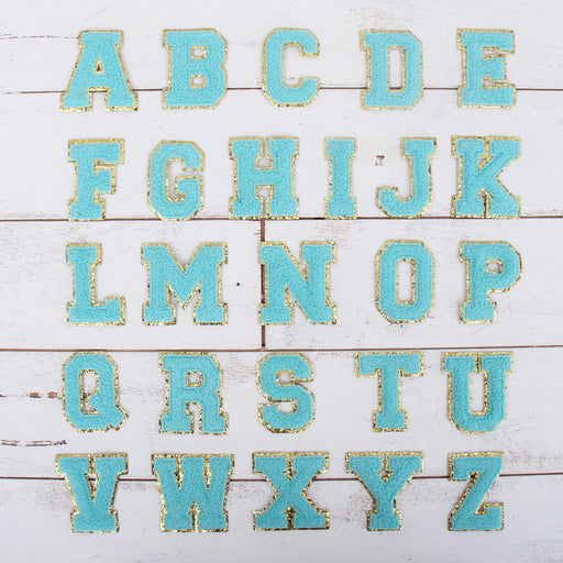 26 Letter Set of Blue Iron On Varsity Letter Patches - Full Alphabet - Large 8 cm Chenille with Gold Glitter - Threadart.com