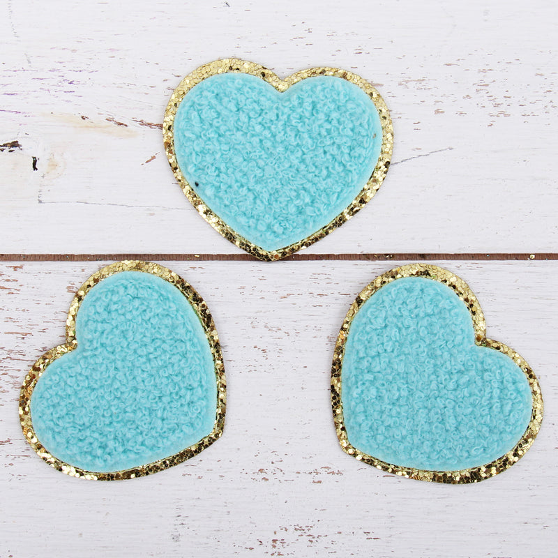 Iron On Chenille Patches - Set of 3 Hearts Chenille with Gold Glitter - Six Different Colors - Threadart.com