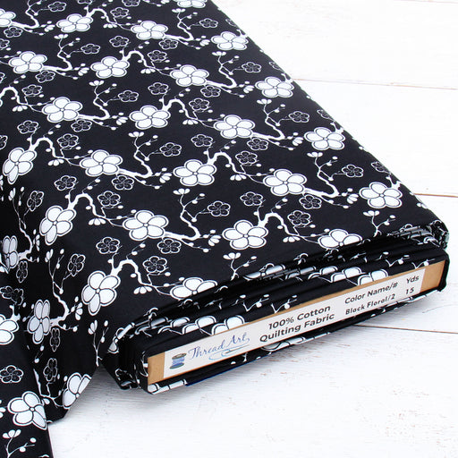 Premium Cotton Quilting Fabric Sold By The Yard - Patterned Floral Black & White 2 - Threadart.com