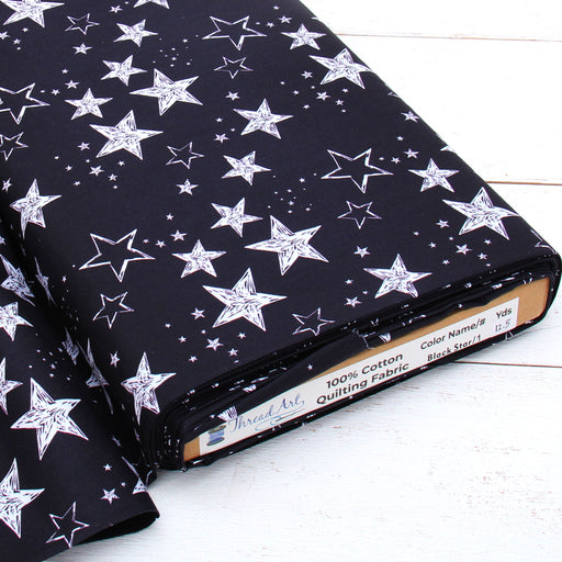 Premium Cotton Quilting Fabric Sold By The Yard - Patterned Star Black & White 1 - Threadart.com