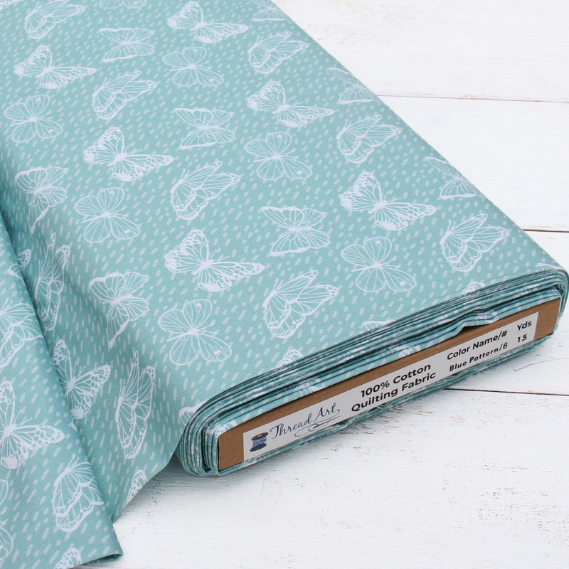 Premium Cotton Quilting Fabric Sold By The Yard - Patterned Butterfly Lt. Blue 6 - Threadart.com