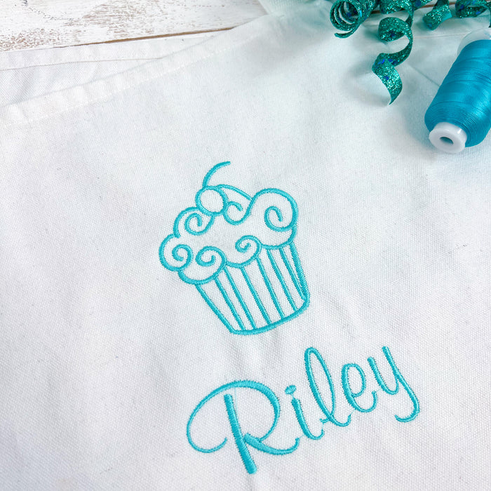 Personalized White Apron With Embroidered Cupcake & Custom Text - Threadart.com