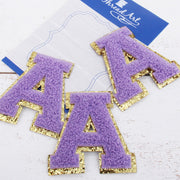 Lavender Chenille Letter Patches - Set of 3 Iron-On Letters - Small 5.5 cm Chenille with Gold Glitter - Threadart.com