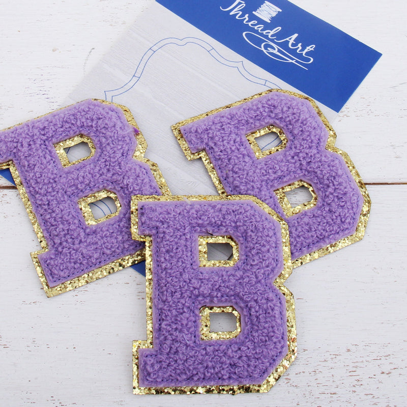 Lavender Chenille Letter Patches - Set of 3 Iron-On Letters - Small 5.5 cm Chenille with Gold Glitter - Threadart.com