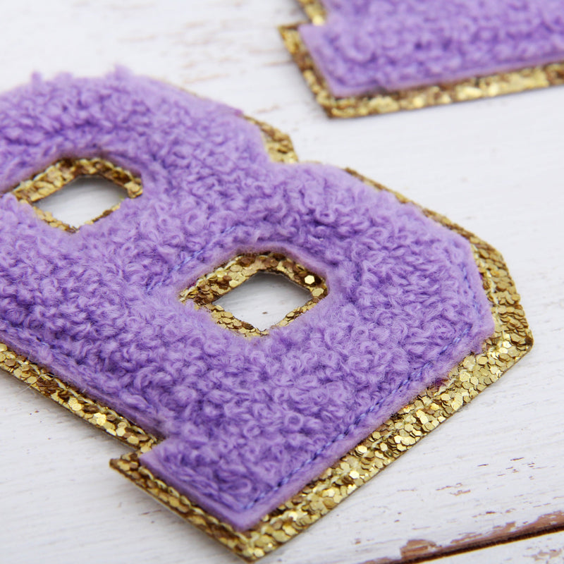 Lavender Chenille Letter Patches - Set of 3 Iron-On Letters - Small 5.5 cm Chenille with Gold Glitter - Threadart.com
