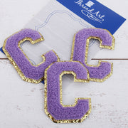 Lavender Chenille Letter Patches - Set of 3 Iron-On Letters - Small 5.5 cm Chenille with Gold Glitter - Threadart.com