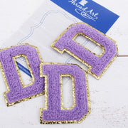 Lavender Chenille Letter Patches - Set of 3 Iron-On Letters - Small 5.5 cm Chenille with Gold Glitter - Threadart.com