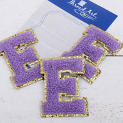 Lavender Chenille Letter Patches - Set of 3 Iron-On Letters - Small 5.5 cm Chenille with Gold Glitter - Threadart.com