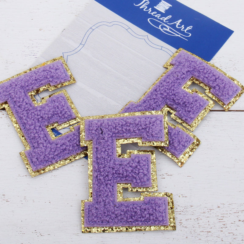 Lavender Chenille Letter Patches - Set of 3 Iron-On Letters - Small 5.5 cm Chenille with Gold Glitter - Threadart.com