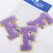Lavender Chenille Letter Patches - Set of 3 Iron-On Letters - Small 5.5 cm Chenille with Gold Glitter - Threadart.com