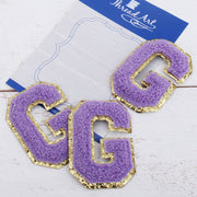 Lavender Chenille Letter Patches - Set of 3 Iron-On Letters - Small 5.5 cm Chenille with Gold Glitter - Threadart.com