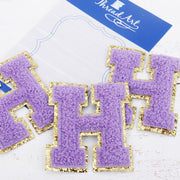 Lavender Chenille Letter Patches - Set of 3 Iron-On Letters - Small 5.5 cm Chenille with Gold Glitter - Threadart.com