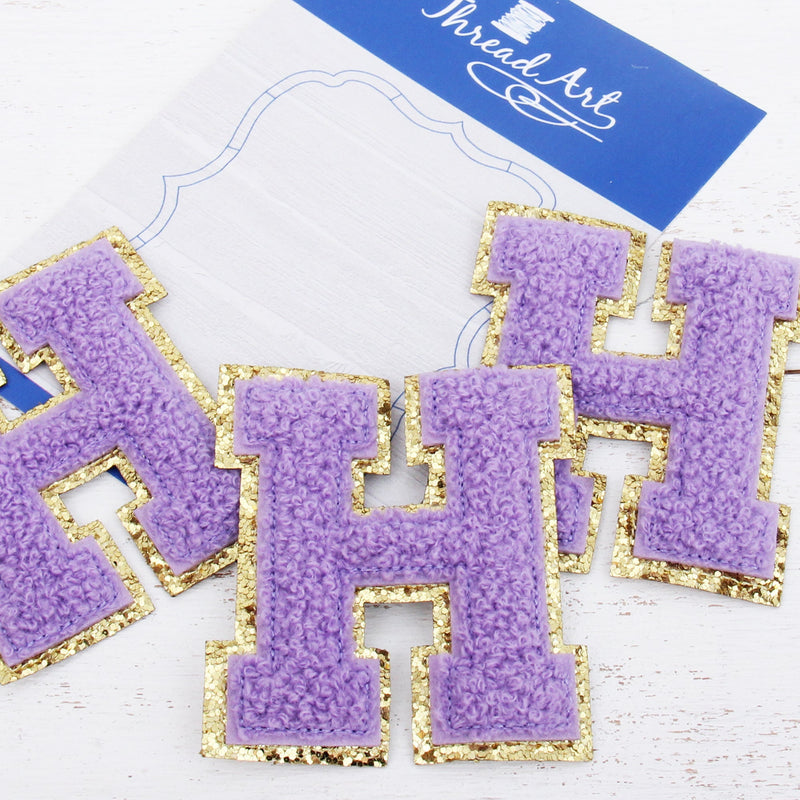 Lavender Chenille Letter Patches - Set of 3 Iron-On Letters - Small 5.5 cm Chenille with Gold Glitter - Threadart.com