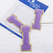 Lavender Chenille Letter Patches - Set of 3 Iron-On Letters - Small 5.5 cm Chenille with Gold Glitter - Threadart.com