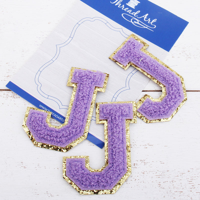 Lavender Chenille Letter Patches - Sets of 3 Letters - Large 8 cm Chenille with Gold Glitter - Threadart.com