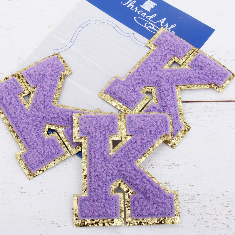 Lavender Chenille Letter Patches - Set of 3 Iron-On Letters - Small 5.5 cm Chenille with Gold Glitter - Threadart.com