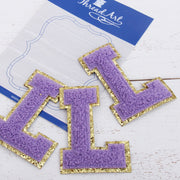 Lavender Chenille Letter Patches - Set of 3 Iron-On Letters - Small 5.5 cm Chenille with Gold Glitter - Threadart.com