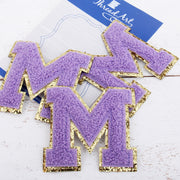 Lavender Chenille Letter Patches - Set of 3 Iron-On Letters - Small 5.5 cm Chenille with Gold Glitter - Threadart.com