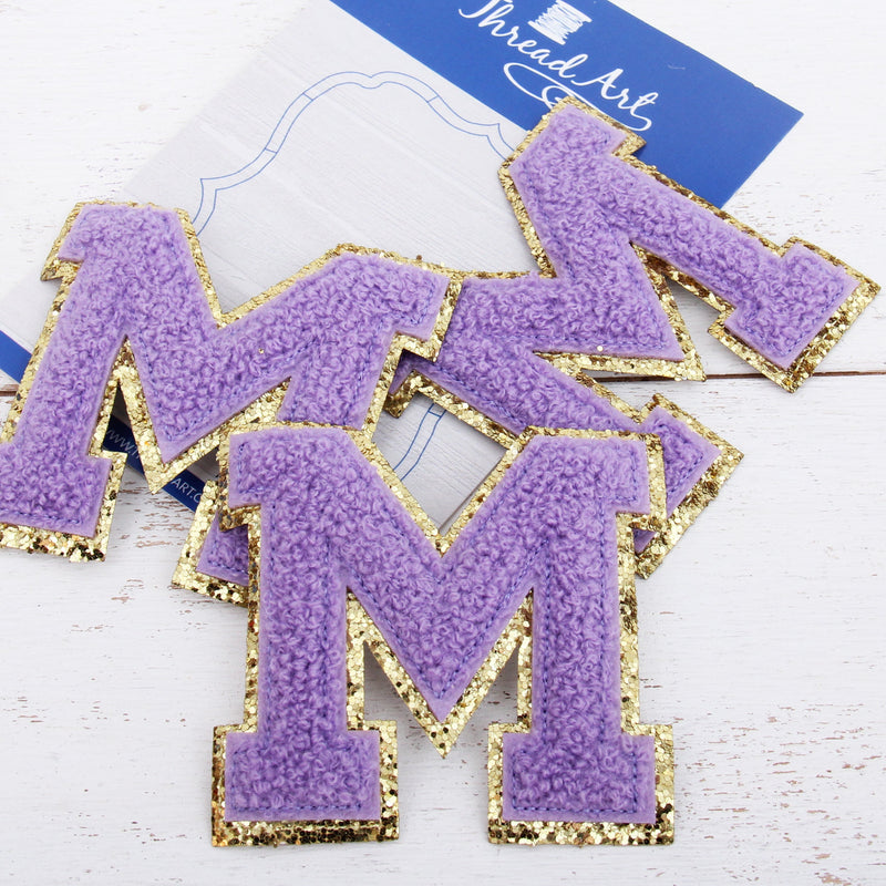 Lavender Chenille Letter Patches - Set of 3 Iron-On Letters - Small 5.5 cm Chenille with Gold Glitter - Threadart.com